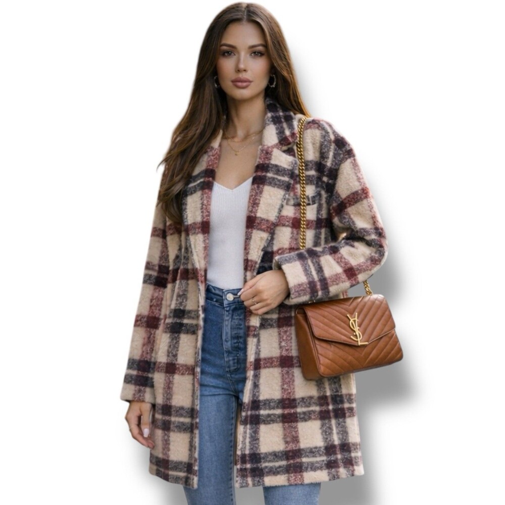 Blank NYC Plaid Wool Blendβ Coat Womens M Burgundy Beige Oversized Jacket